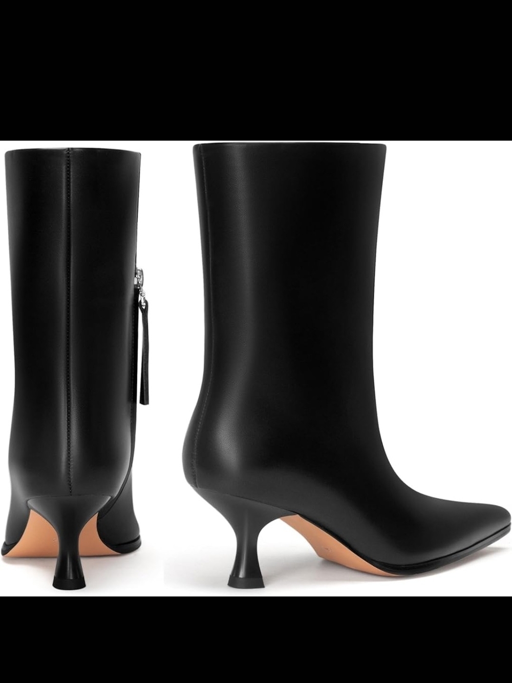 LACIKOSZ Womens Kitten Heel Boots, Pointed Toe Stiletto Faux Leather Mid Calf An